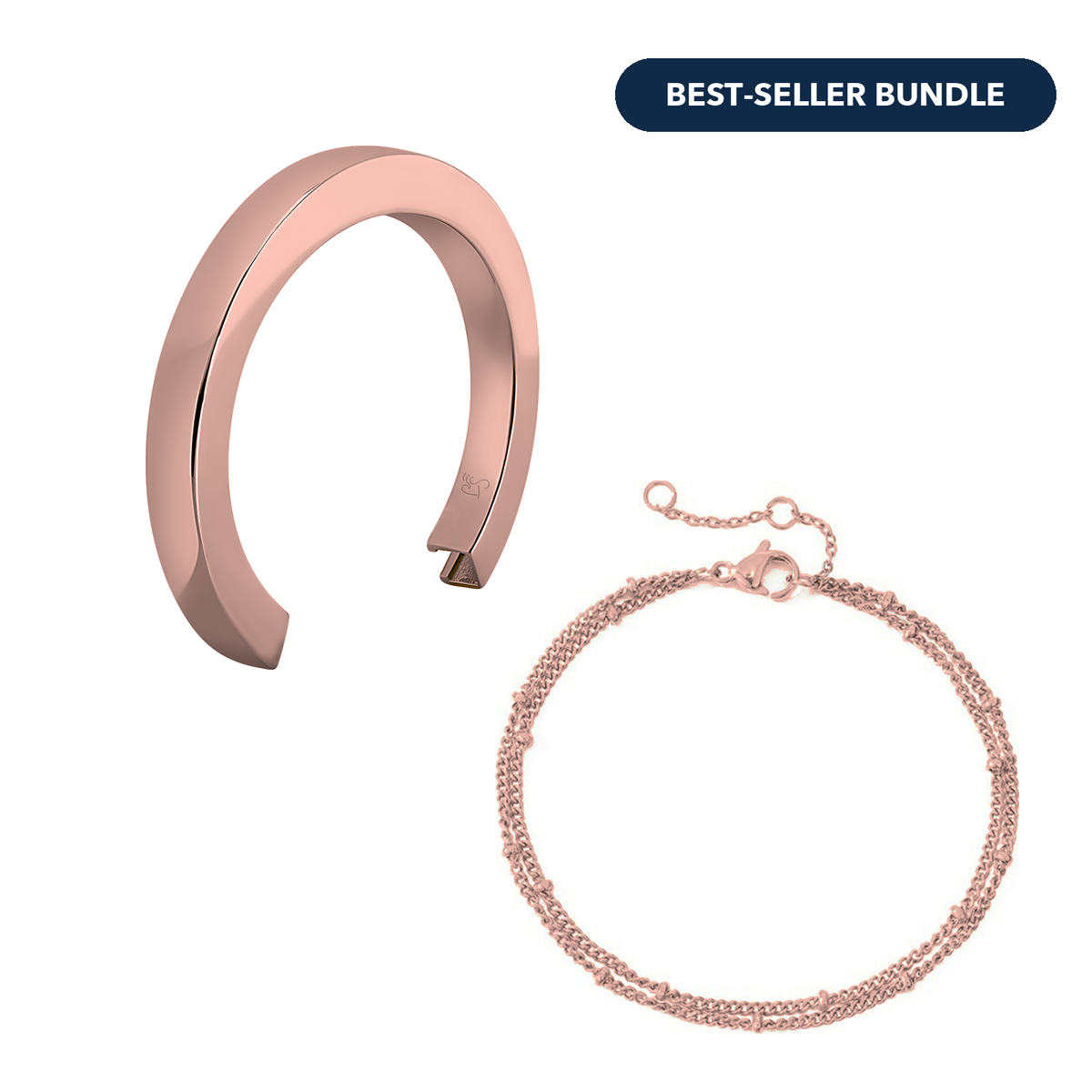 A rose gold jewelry gift set from Surfers Jewelry, including a bracelet, necklace, and ring, styled together for gifting