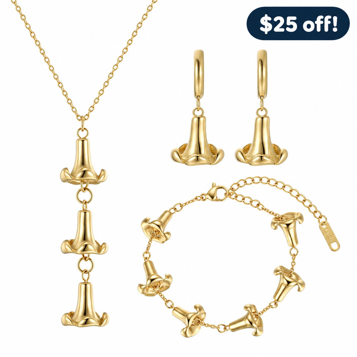 Puakenikeni Set in gold: necklace, hoop earrings, and bracelet