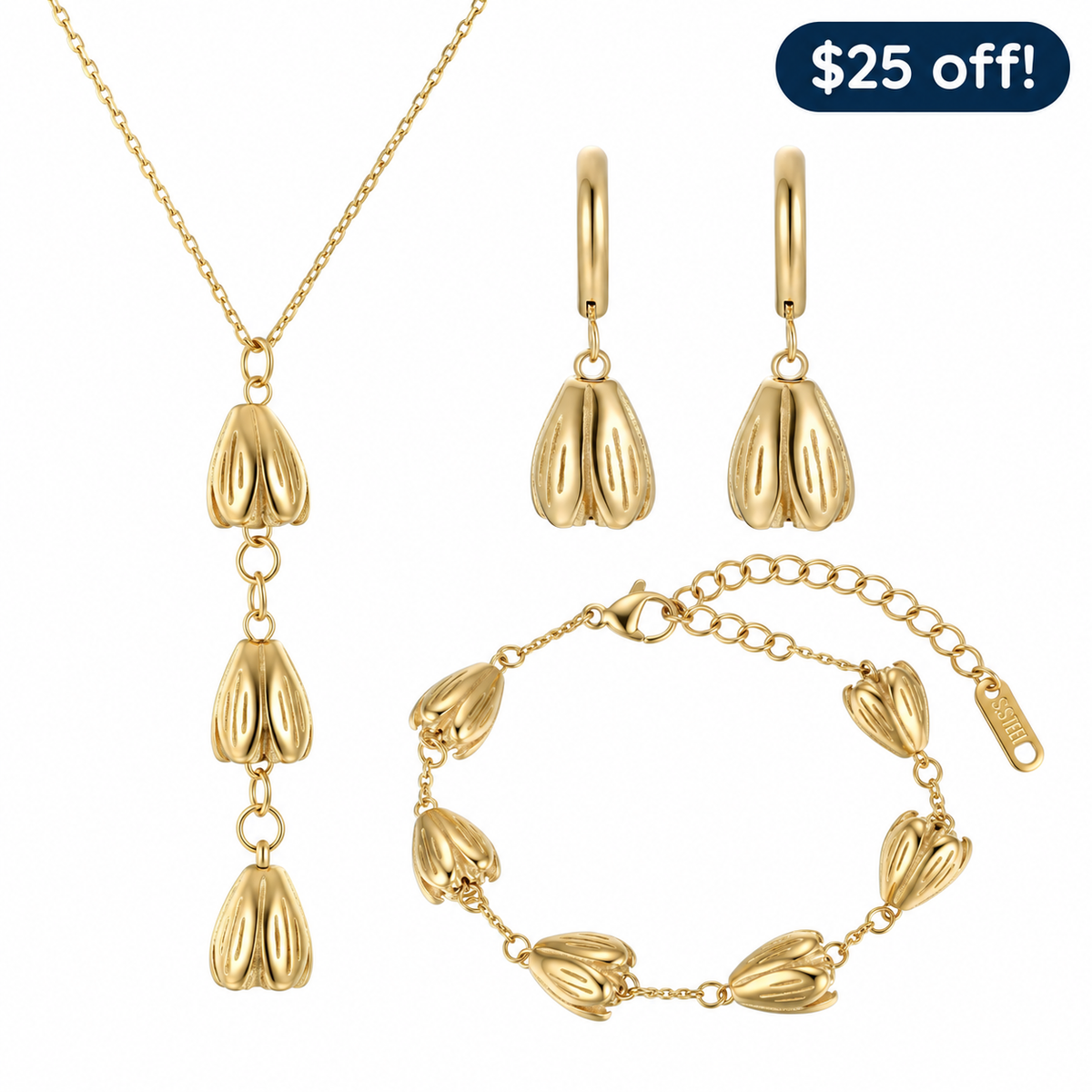 Pikake Set in gold: necklace, hoop earrings, and bracelet
