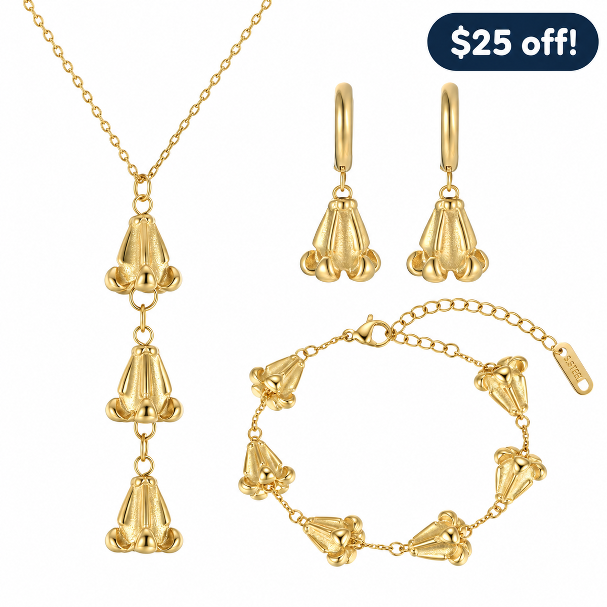 Crown Flower Set in gold: necklace, hoop earrings, and bracelet