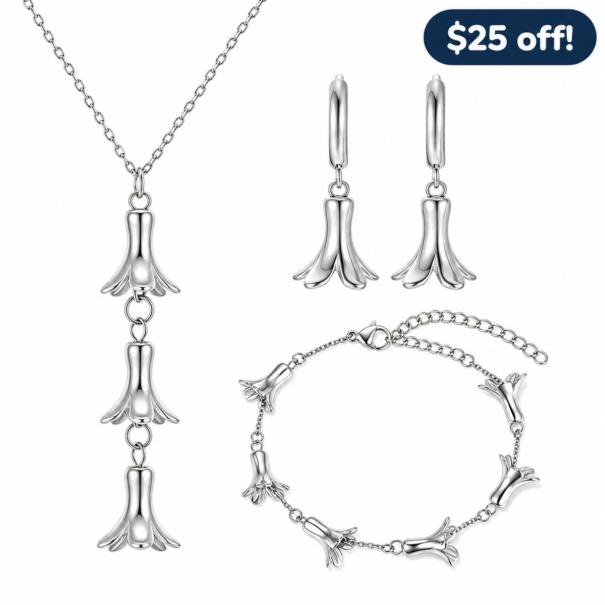 Pakalana Set in silver: necklace, hoop earrings, and bracelet