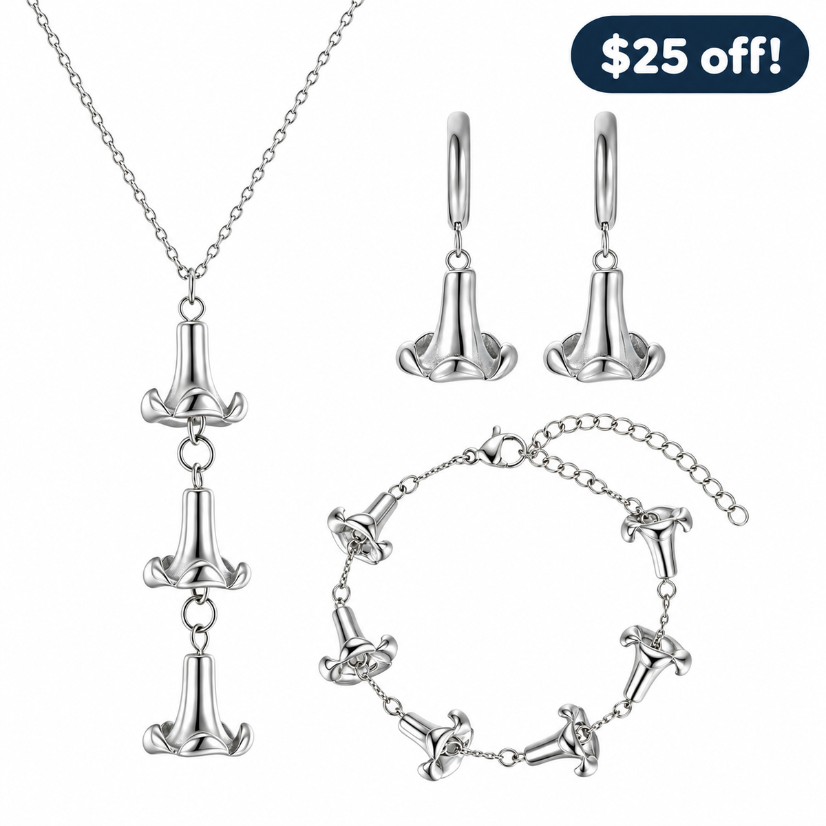 Puakenikeni Set in silver: necklace, hoop earrings, and bracelet