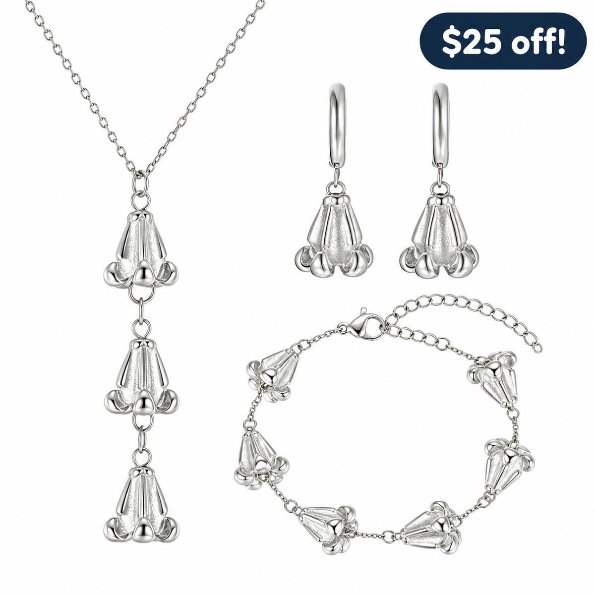 Crown Flower Set in silver: necklace, hoop earrings, and bracelet