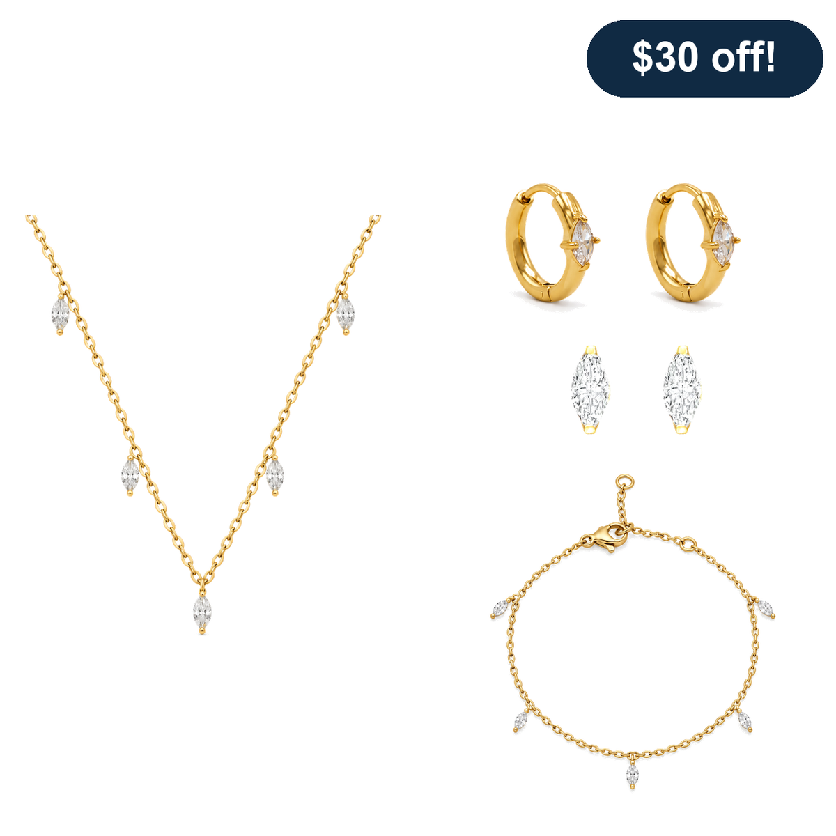 Marquise CZ Set in gold: necklace, hoop earrings, studs, and bracelet