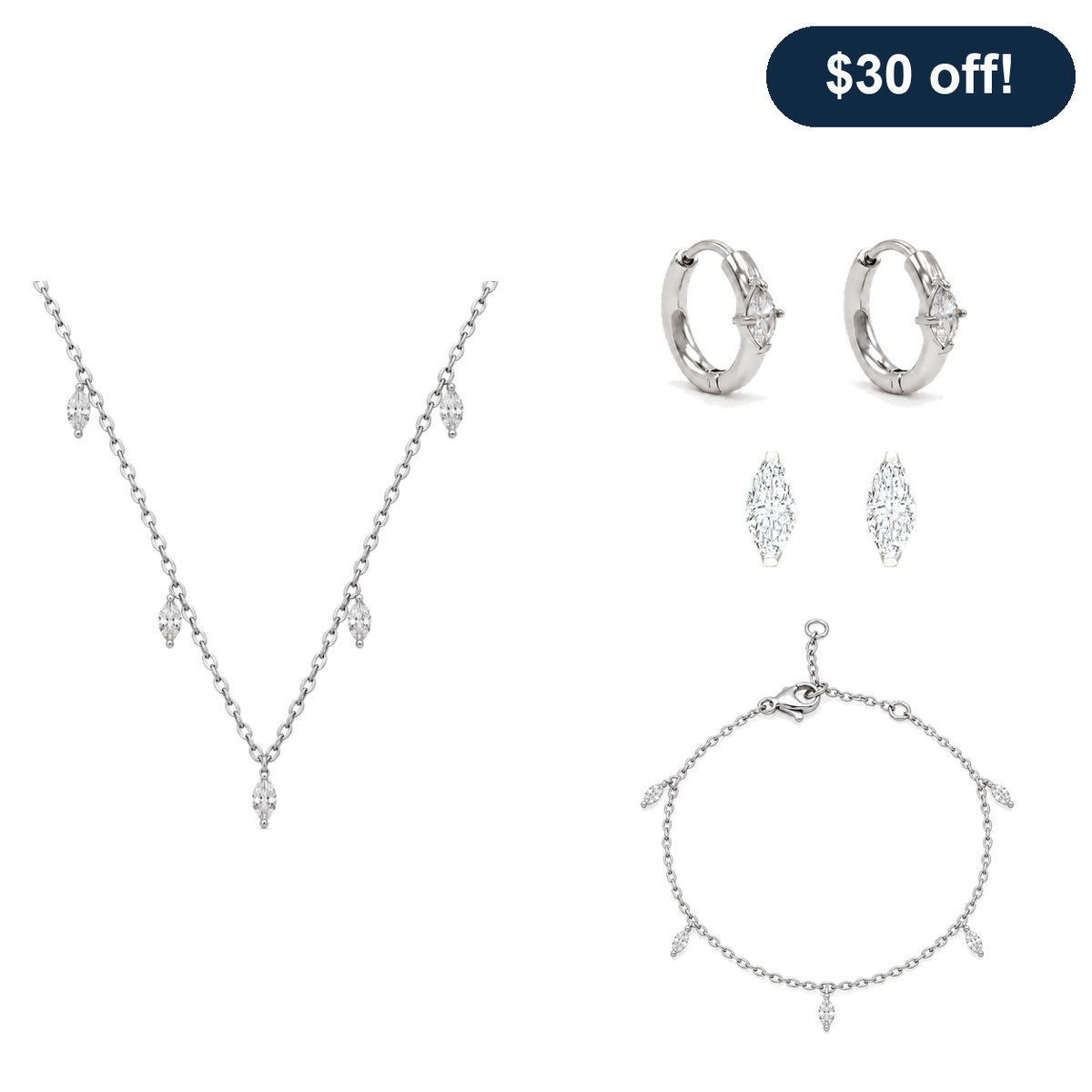 Marquise CZ Set in silver: necklace, hoop earrings, studs, and bracelet