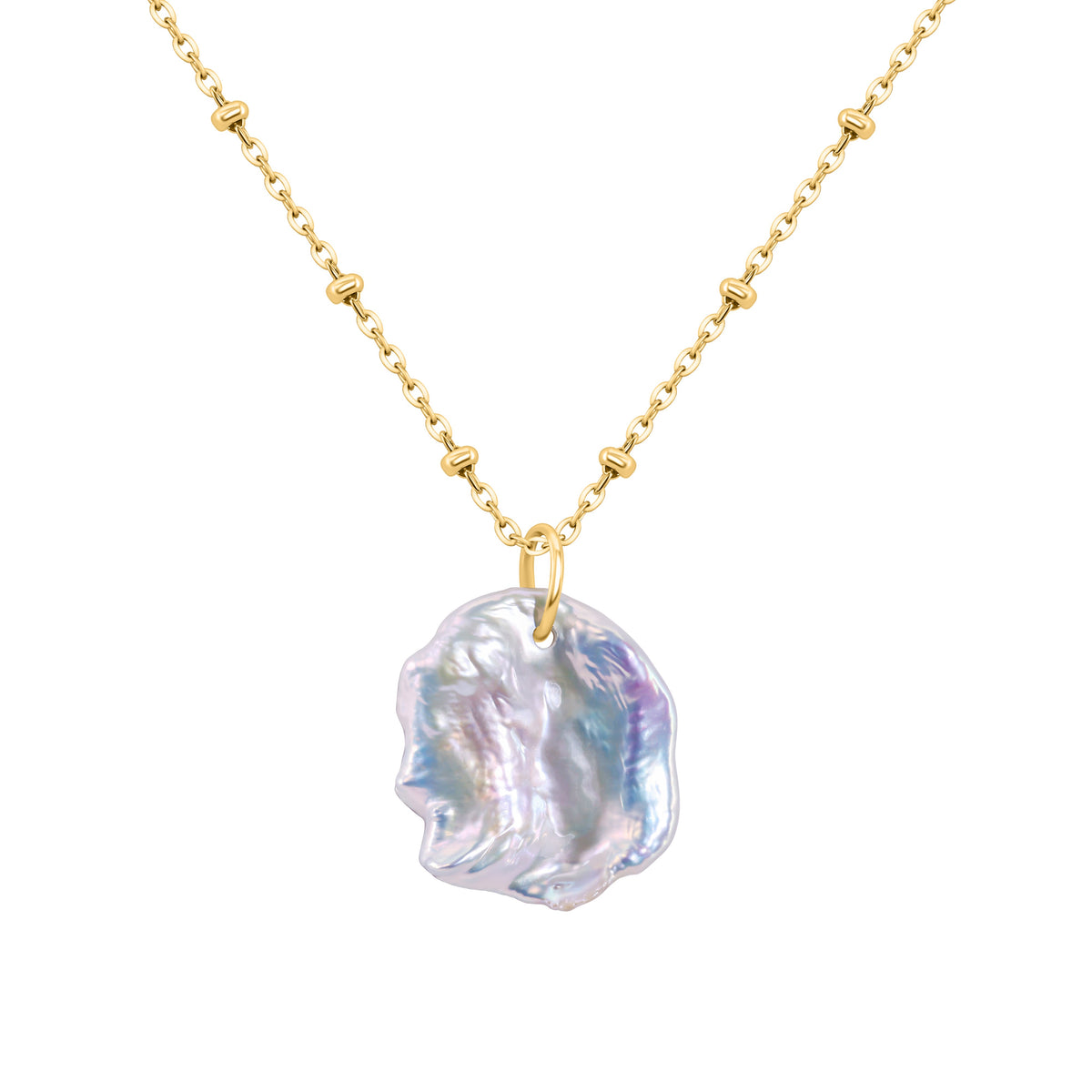Close-up of a genuine organic keshi pearl pendant showing its natural, irregular shape and deep luster