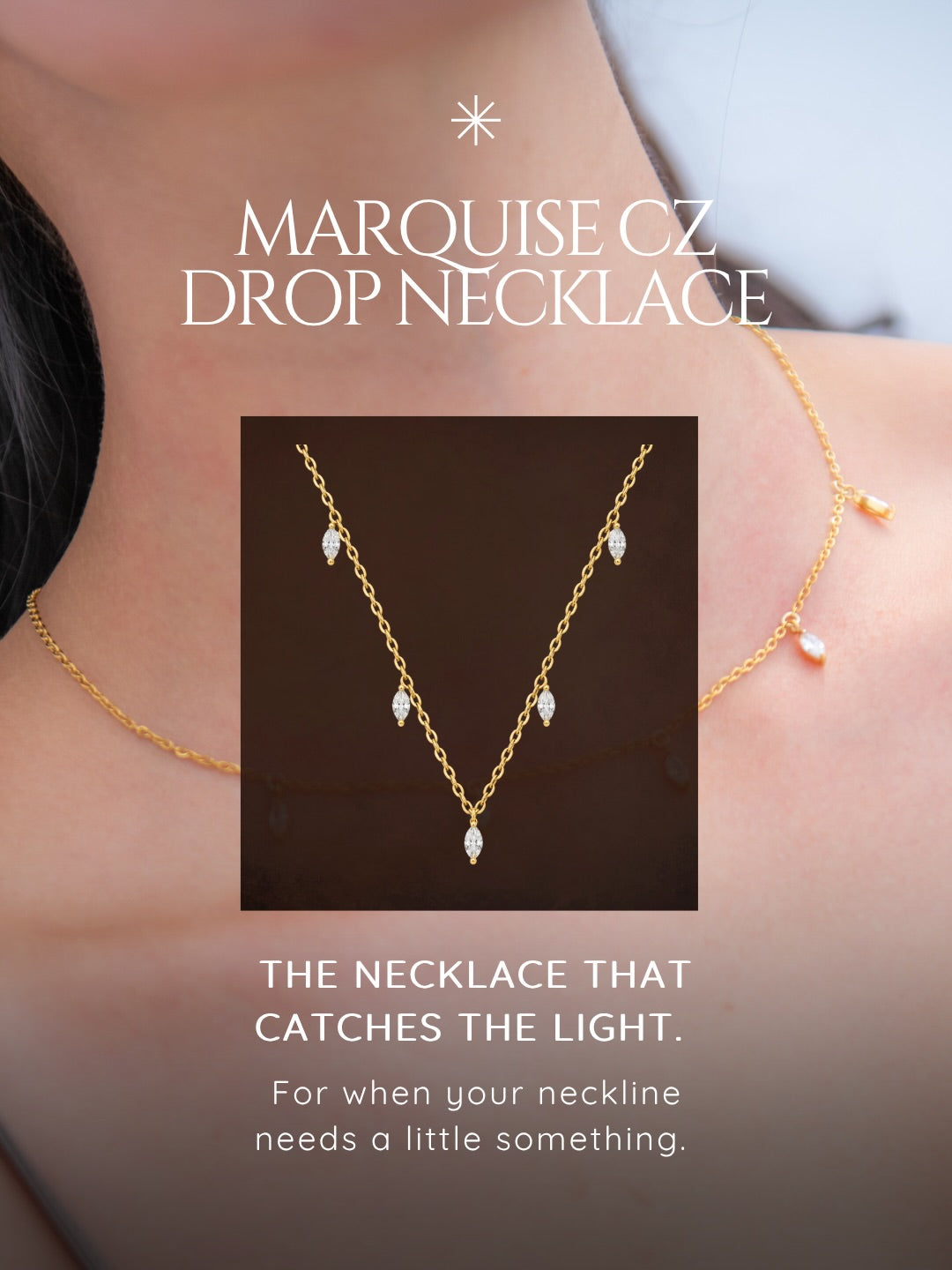 Marquise CZ Drop Necklace with pointed-oval cut stones layered against a model's collarbone