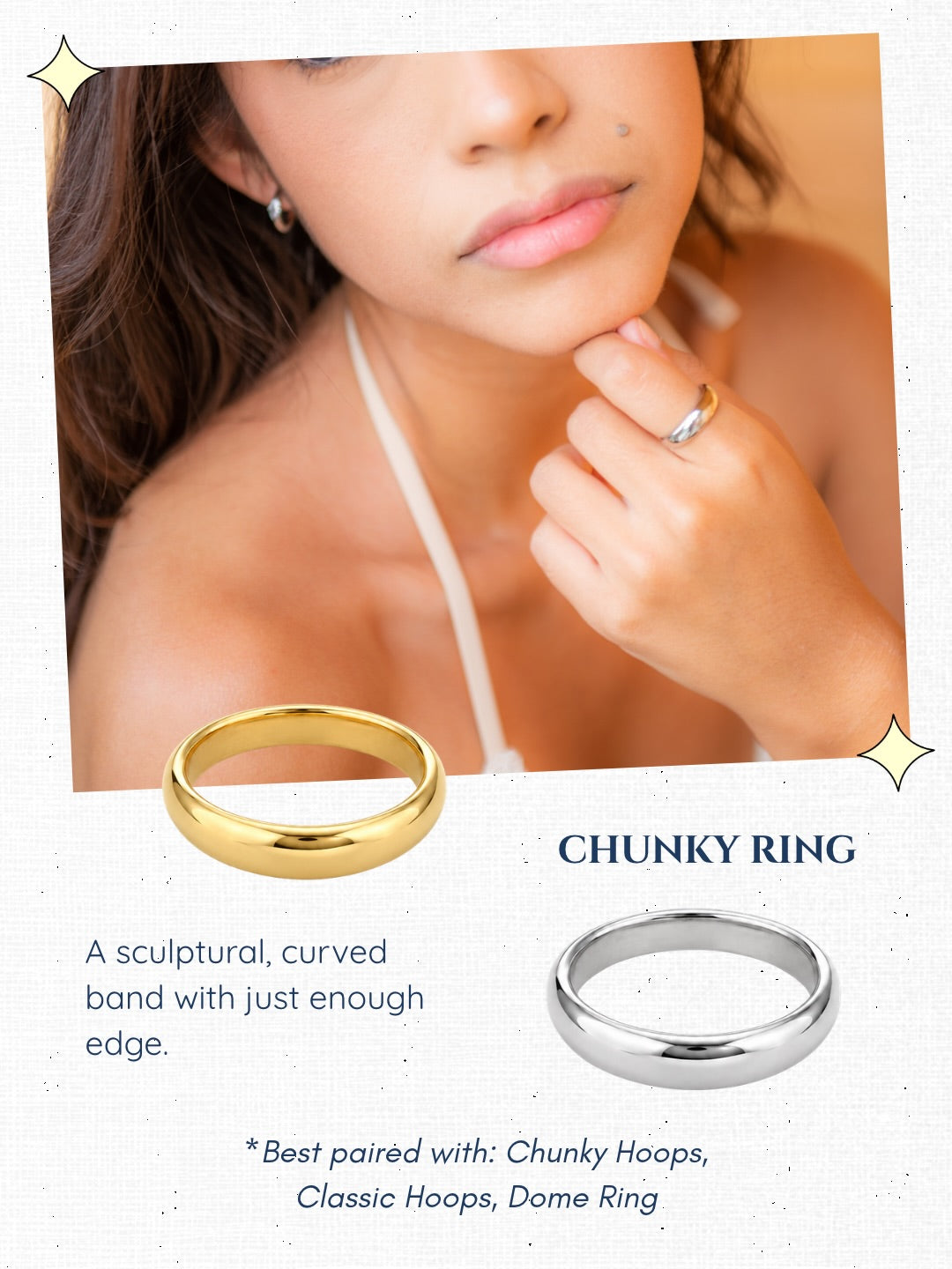 Gold Chunky Ring styled on the hand, paired with Classic Hoops and Dome Ring from Surfers Jewelry's Classics Redefined collection