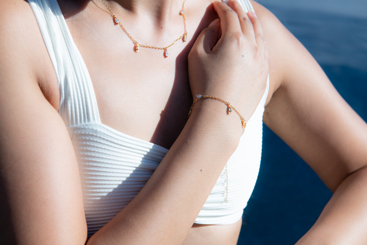 Marquise CZ Drop Bracelet worn with necklace