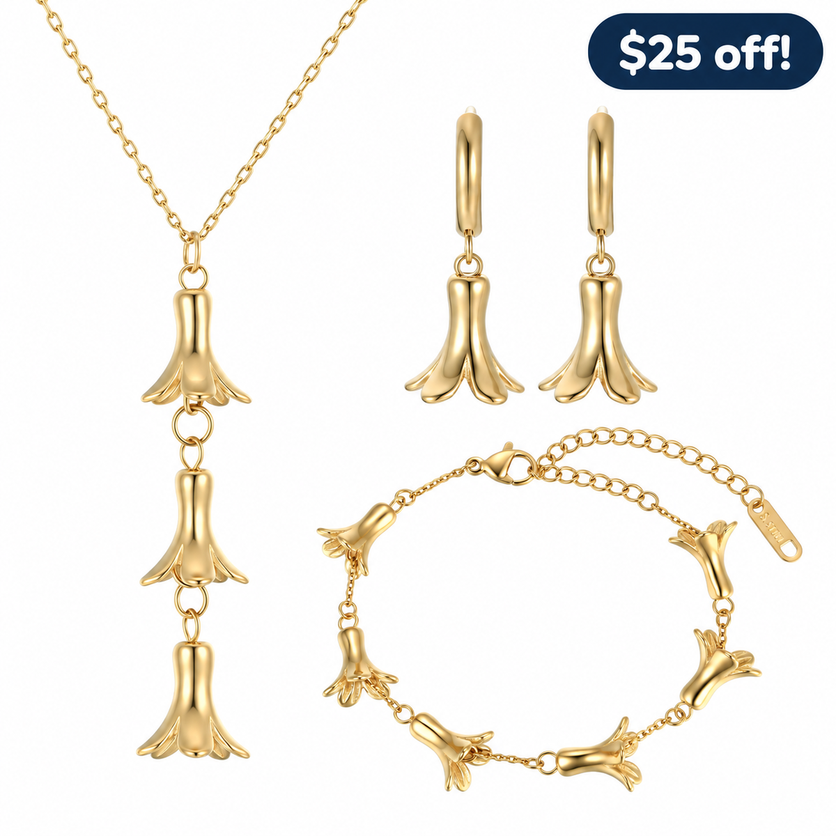 Pakalana Set in gold: necklace, hoop earrings, and bracelet