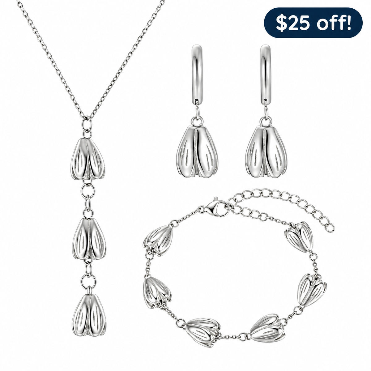 Pikake Set in silver: necklace, hoop earrings, and bracelet